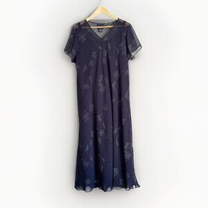 Vintage Venezia Women’s Blue Floral Sheer Overlay Midi Dress 14 V-Neck Y2K Fairy
